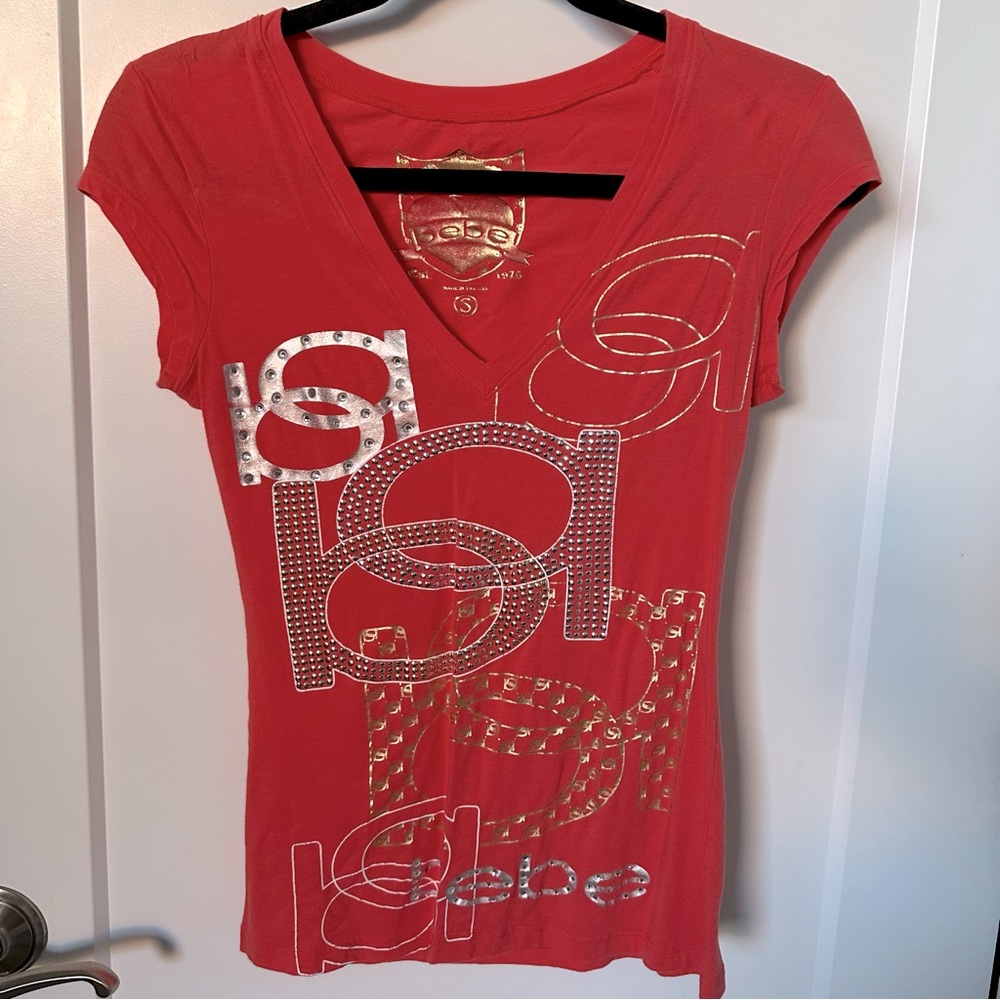 Bebe Orange Tee V-Neck Cotton Knit Top with Gold & Silver Embellishments